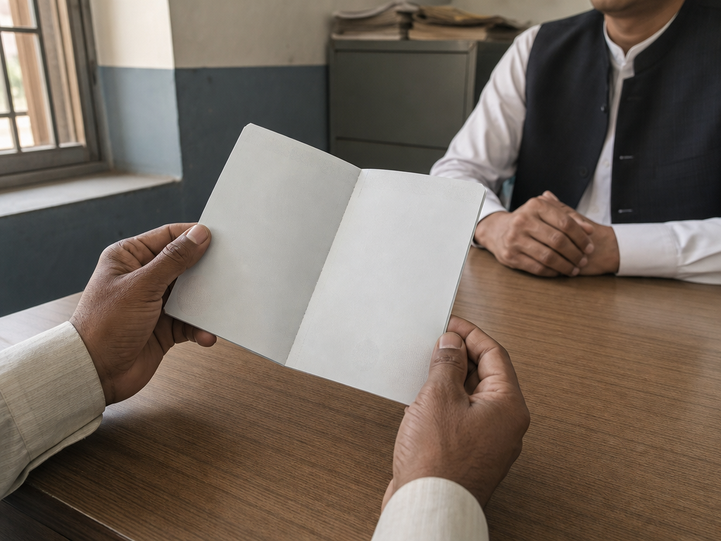 行政相談窓口で書類を手にする人の手元を捉えたドキュメンタリー風の写真