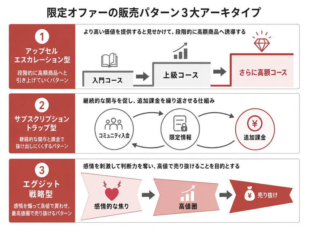 限定商法の三つの典型パターン（アップセル型・サブスク型・高値出口型）を示した構造図
