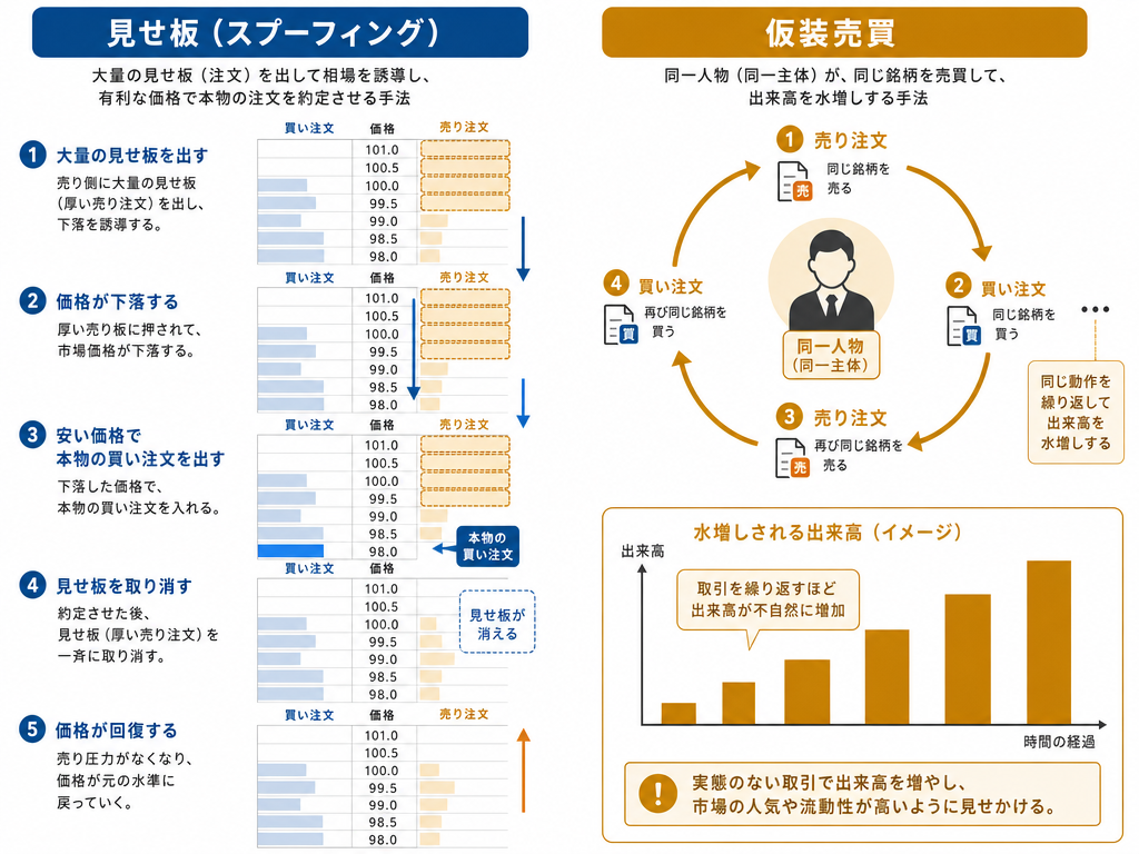 見せ板（スプーフィング）と仮装売買それぞれの仕組みを並べて図解したインフォグラフィック