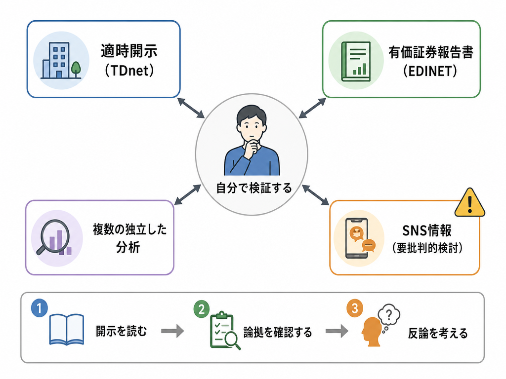 情報源の分散と自己検証プロセスを示す概念図