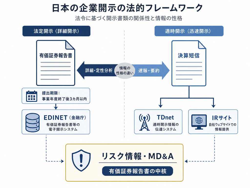 有価証券報告書とEDINETの開示枠組みを決算短信と比較した構造図