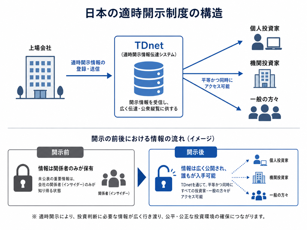 適時開示制度の仕組みを示す図解:上場企業からTDnetを経由して全投資家へ同時に情報が届く構造