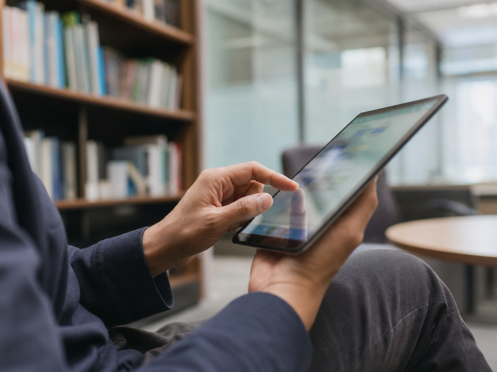 静かなオフィスでタブレット端末をスクロールしながらリアルタイムの開示情報を確認する手元のクローズアップ