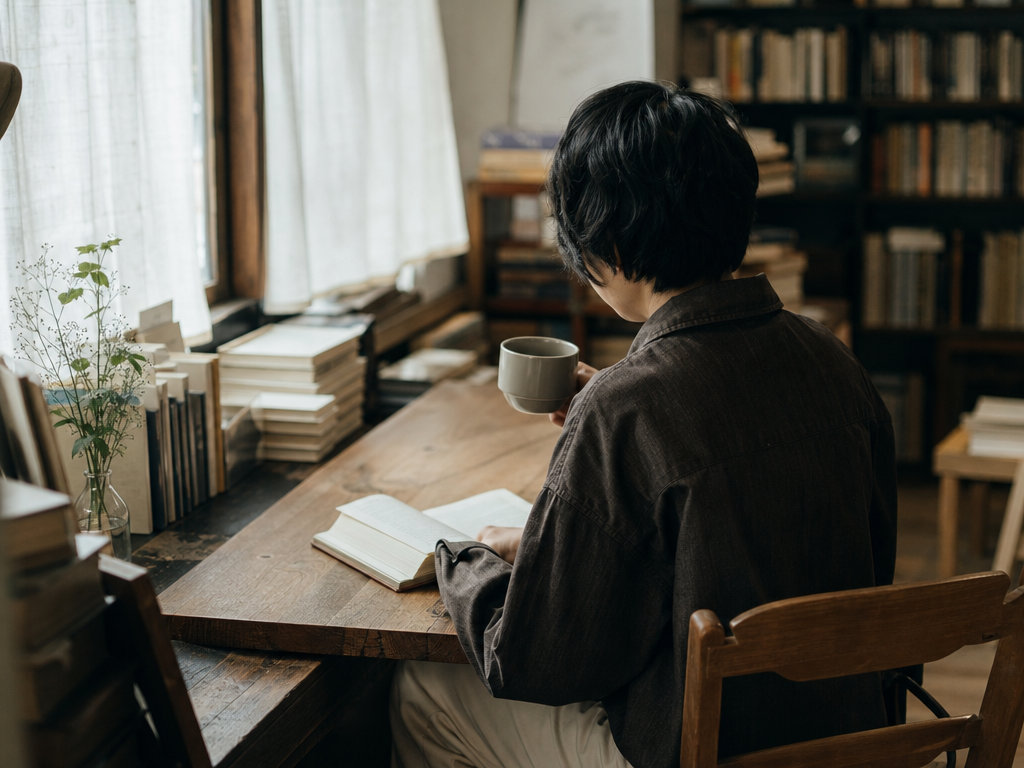 図書館の窓際で朝の静かな時間に情報を読み返す人物の後ろ姿、一次情報確認を習慣にする姿勢を象徴する情景