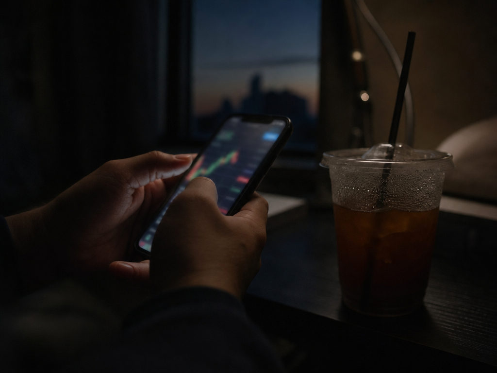 夜明け前に薄暗い室内でスマートフォンを握りしめ、寄り付きを待つ投資家の手元のクローズアップ