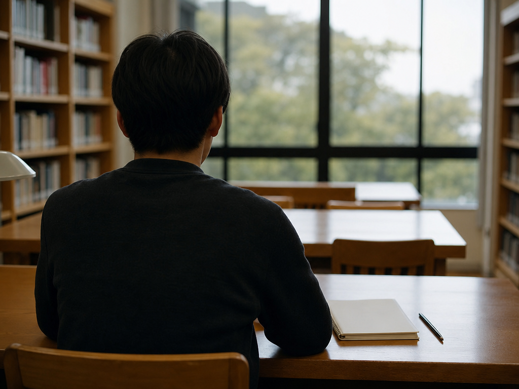 図書館の窓辺で静かに考える投資家のシルエット:仕組みを理解した上で冷静に備える姿勢を表す情景