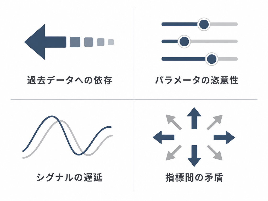 テクニカル指標が持つ4つの構造的限界(過去データへの依存・パラメータの恣意性・シグナルの遅延・指標間の矛盾)を2×2グリッドで図解したインフォグラフィック