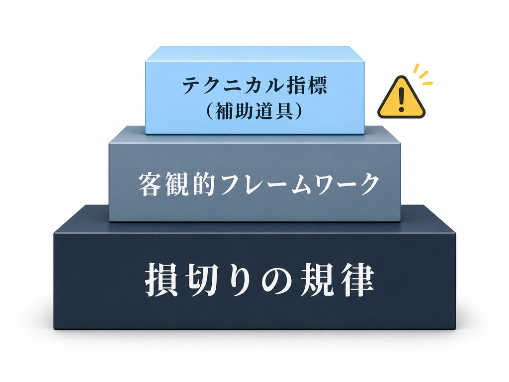 損切りの規律を土台とし、その上にテクニカル指標を補助道具として位置づける階層構造の概念図