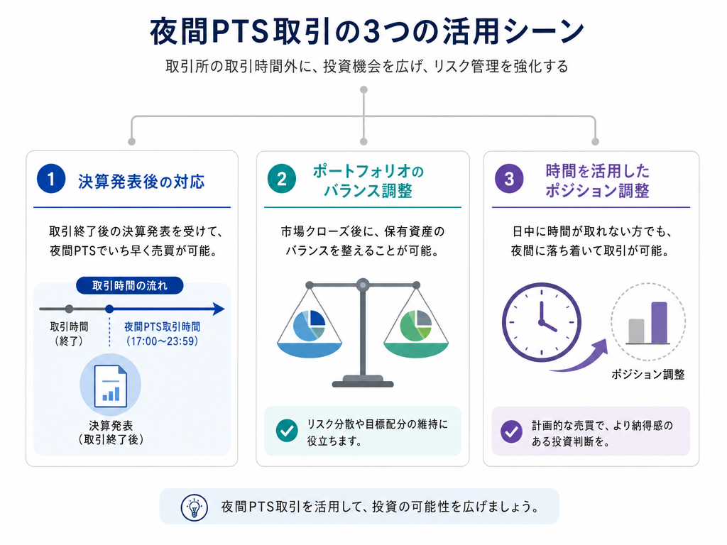 PTS夜間取引の3つの主な使われ方（決算後対応・ヘッジ・ポジション整理）を図解したインフォグラフィック