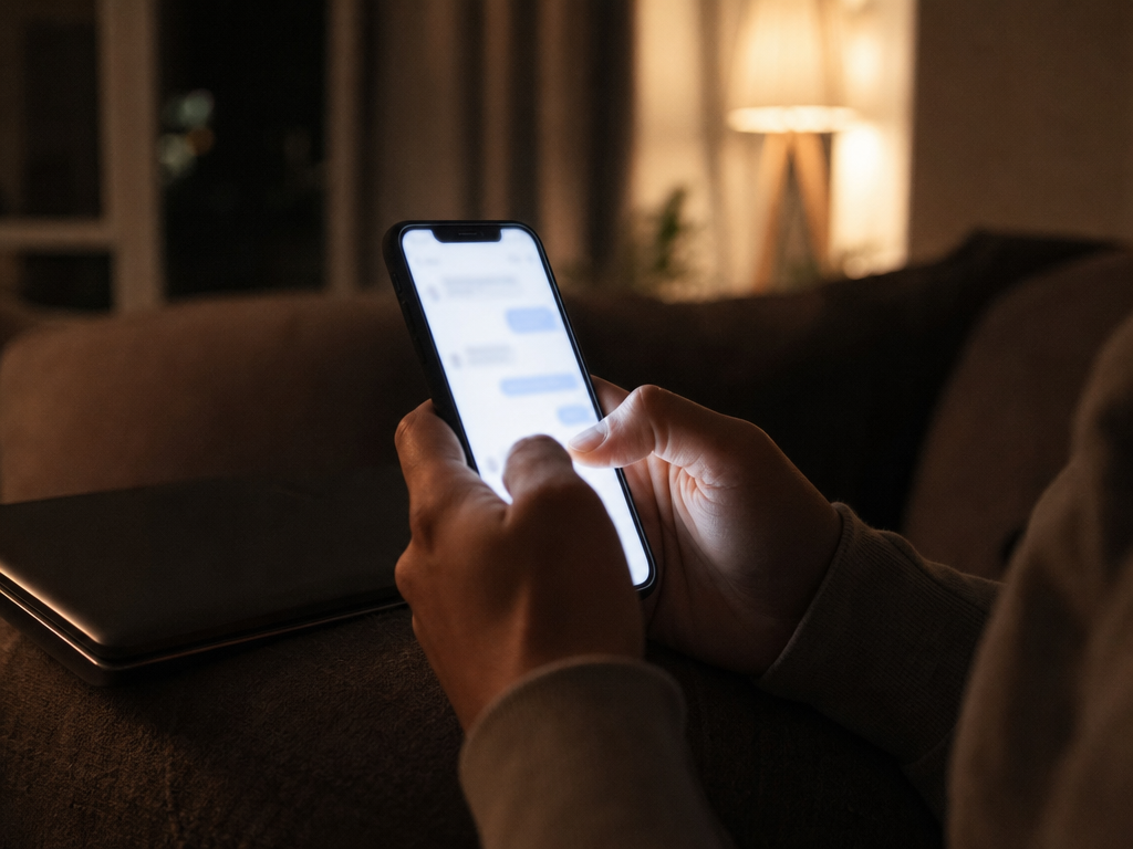 夜の室内でスマートフォンを手にする人物の手元——SNSを通じた投資勧誘のリスクをイメージした情景