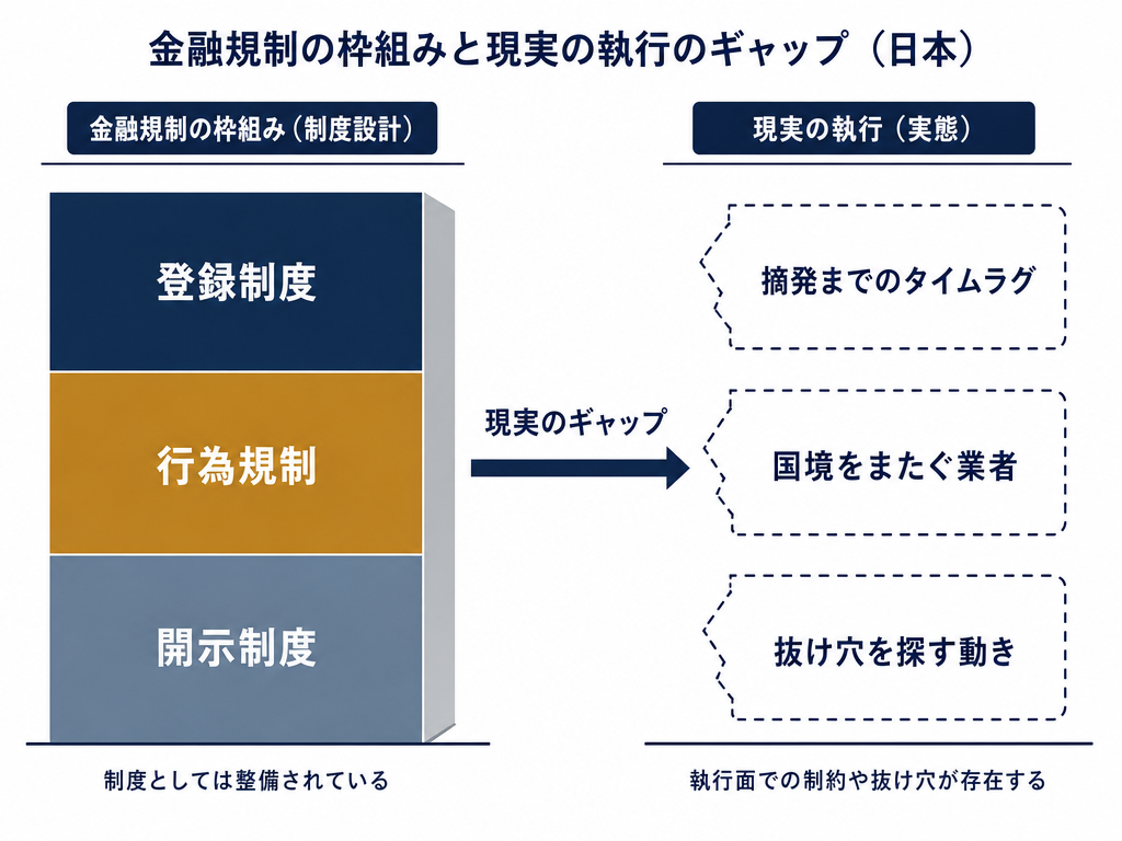 金融商品取引法の規制の枠組みと現実における三つのギャップを示した構造図