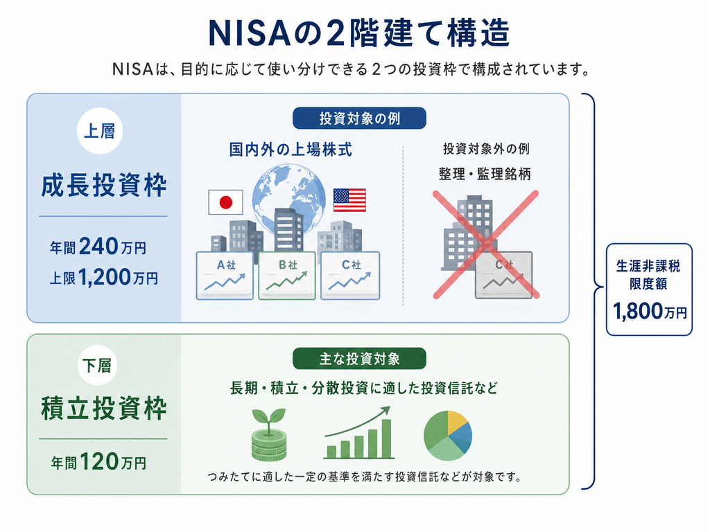新NISAの成長投資枠と積立投資枠の2層構造と生涯非課税限度額を示したインフォグラフィック