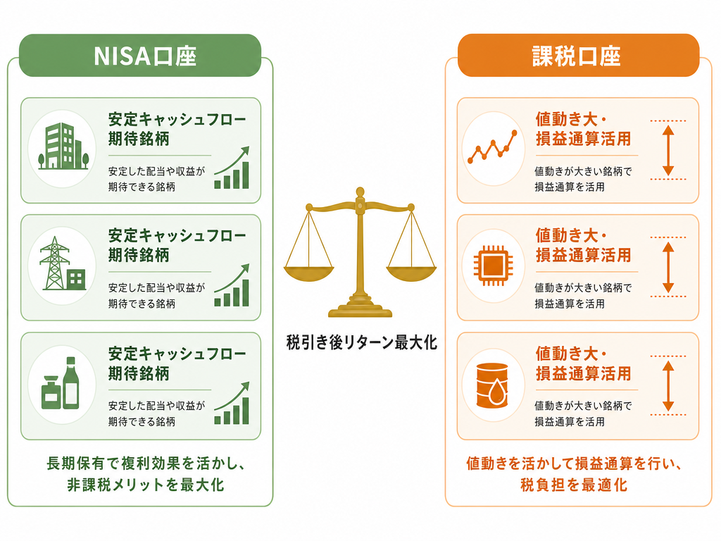 NISA口座と課税口座の銘柄役割分担と税引き後リターン最大化の考え方を示した概念図
