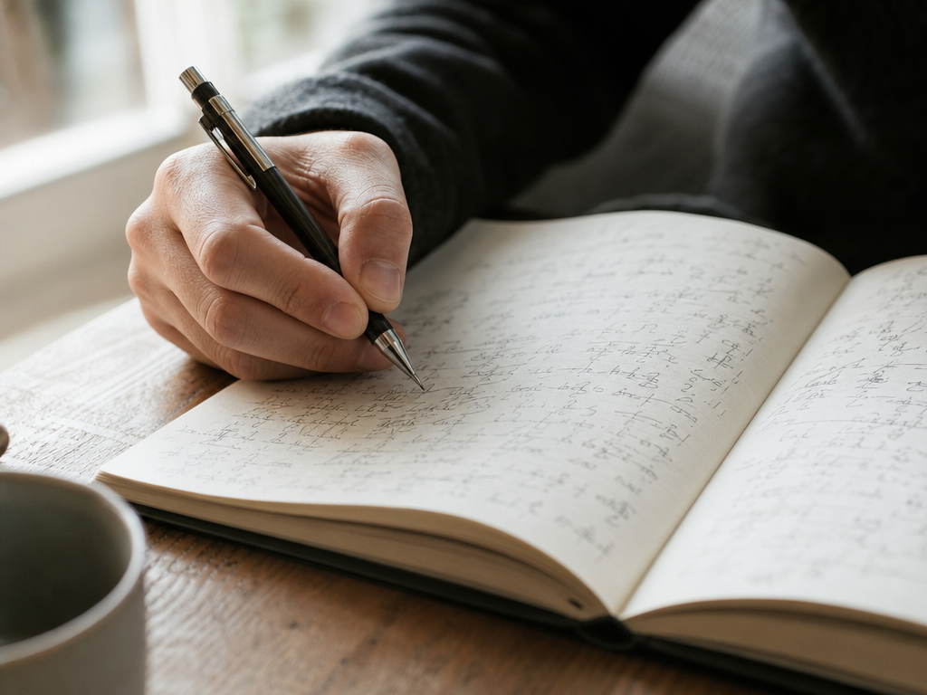 手元のノートにペンで書き込む人物のクローズアップ、情報の性格を見極める思考過程を表現