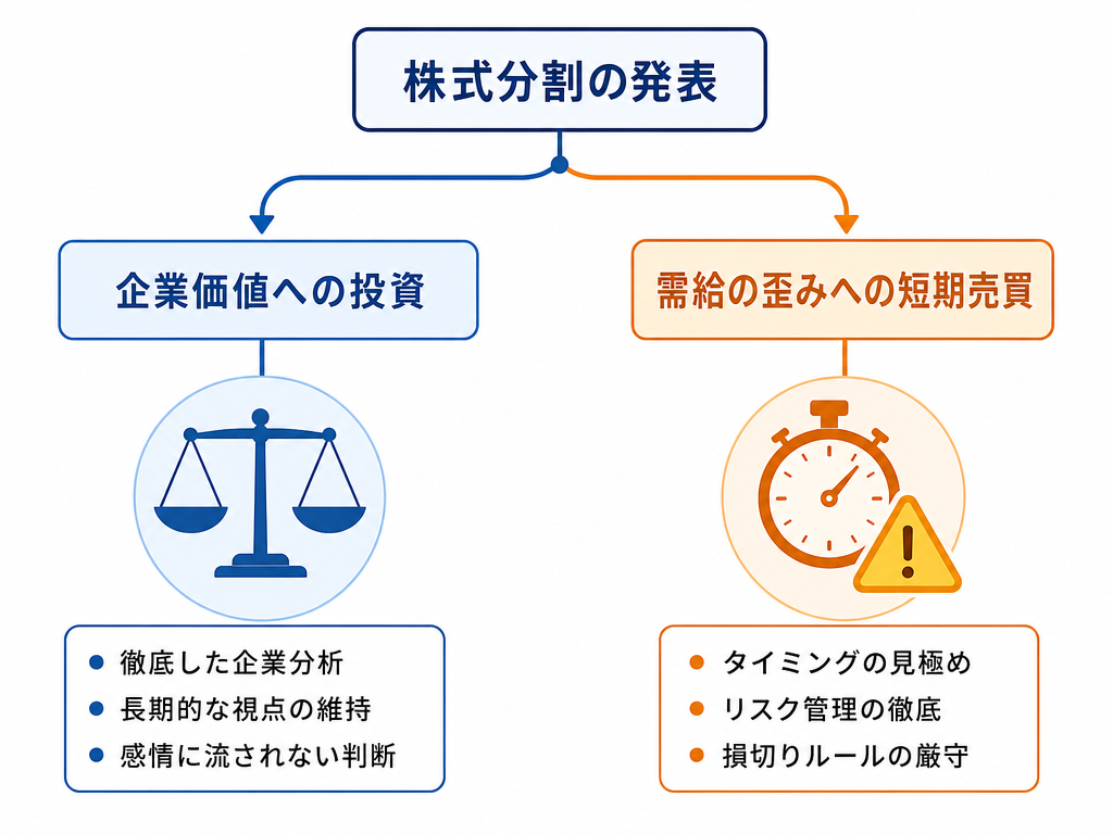 株式分割を材料とする前に問うべき2つの投資アプローチの違いを示した概念図