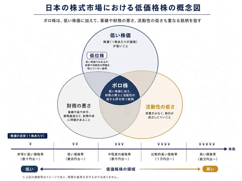 低位株・ボロ株の定義を三円ベン図で示した概念図。株価水準・財務内容・流動性の三要素の重なりで分類を視覚化している。