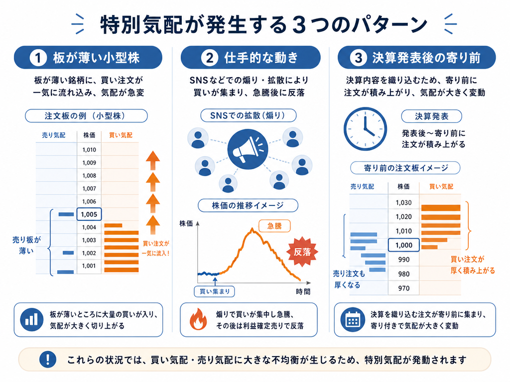 特別気配が発生しやすい3つのパターン(小型株の薄板、仕手的動き、決算発表後)をパネル分けで図解したインフォグラフィック