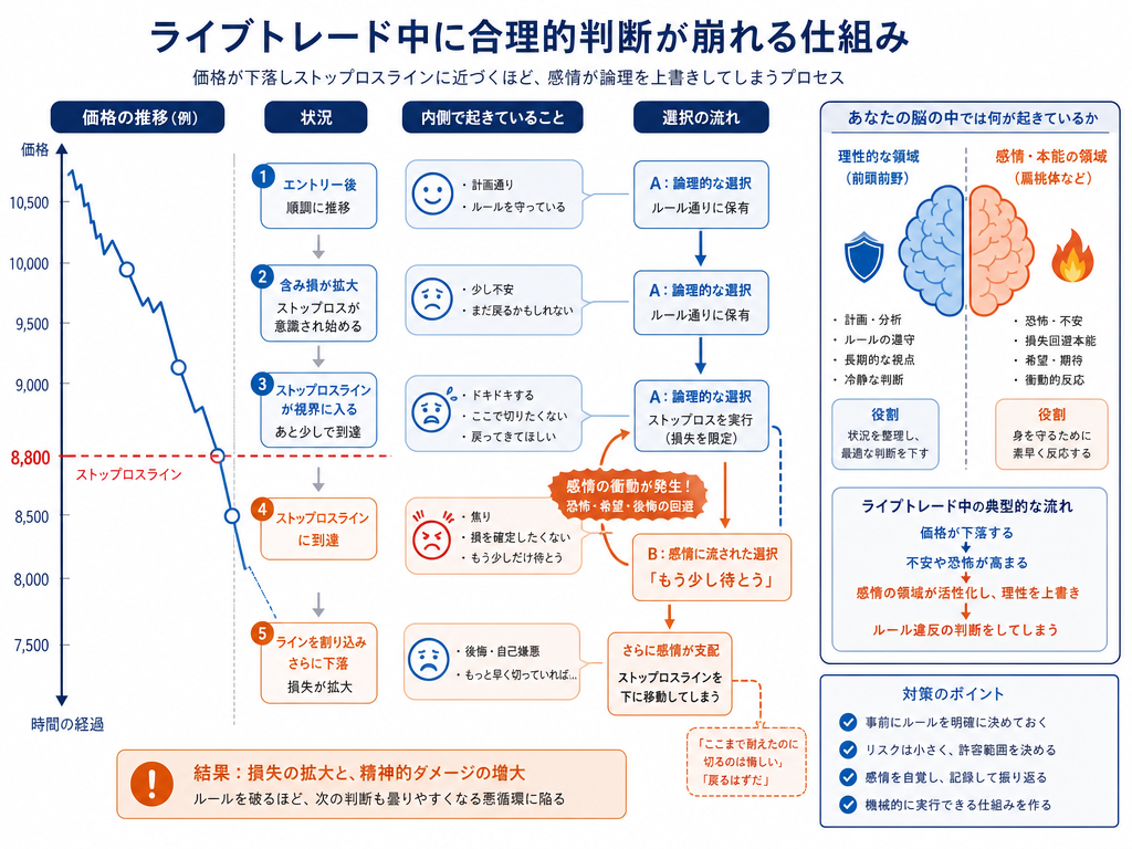 ザラ場で損切りラインに株価が近づいた際に感情が合理的判断を上書きするメカニズムを示したインフォグラフィック