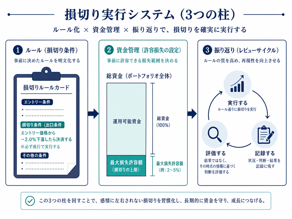 損切りルールの明文化・資金管理・事後検証という三つの仕組みを図示したインフォグラフィック