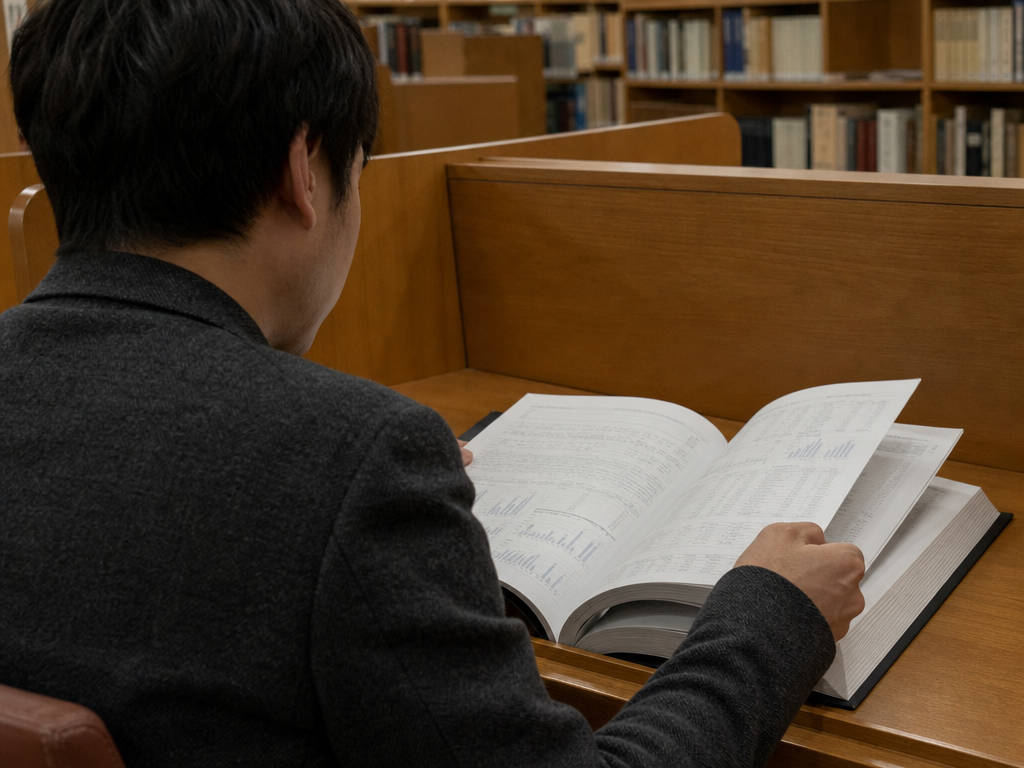 図書館で有価証券報告書を静かに読み返す投資家の後ろ姿