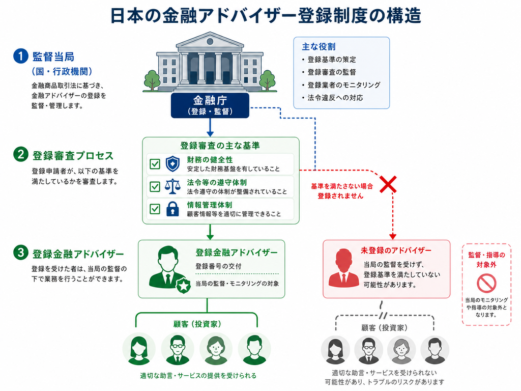 投資助言業の登録制度の仕組みを示すフローチャート図：規制当局による審査・監督と無登録業者の監督外状態を対比した教育的インフォグラフィック