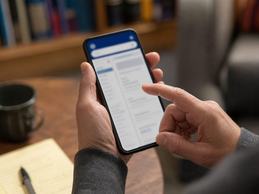 金融庁の登録業者一覧をスマートフォンで照合する人物の手元のクローズアップ