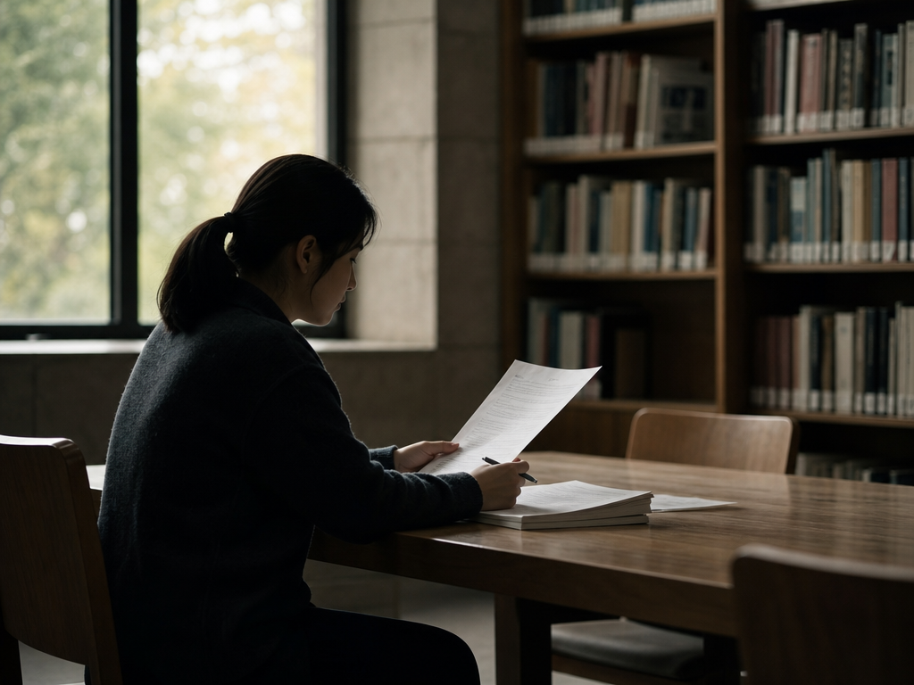 図書館で資料を慎重に読み検討する人物の横顔シルエット